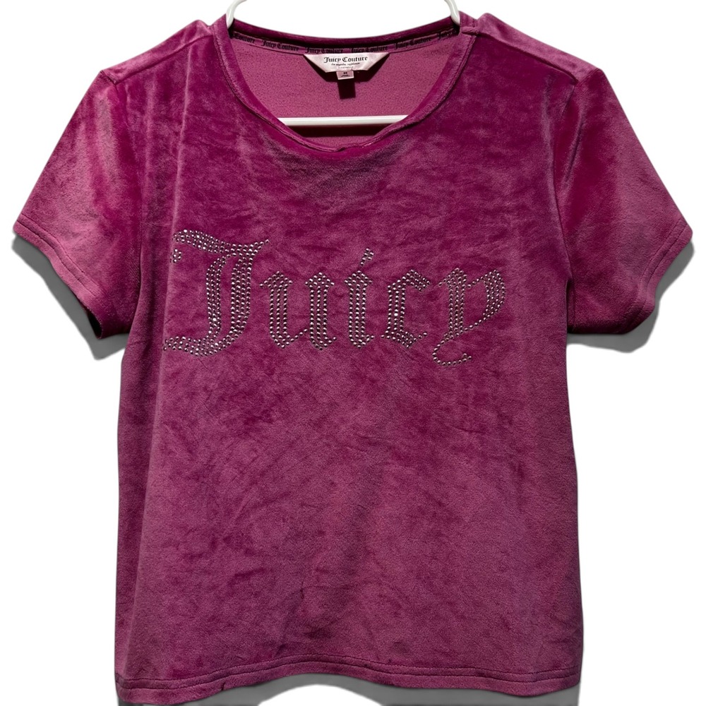 Juicy Couture Velour Short Sleeve Top Magenta Pink Rhinestone Logo Medium